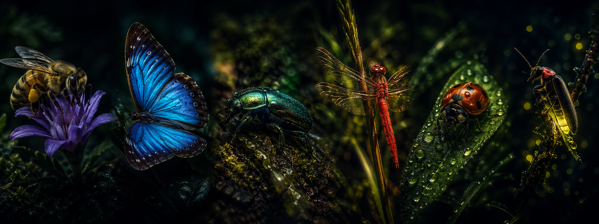 Verschiedene Insekten: Biene, Schmetterling, Käfer, Libelle, Marienkäfer und Glühwürmchen